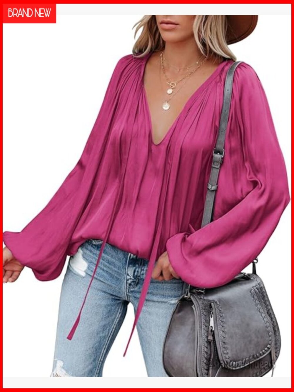 Long Sleeve Silk Satin Tunic Blouse Deep V Neck Loose Fit